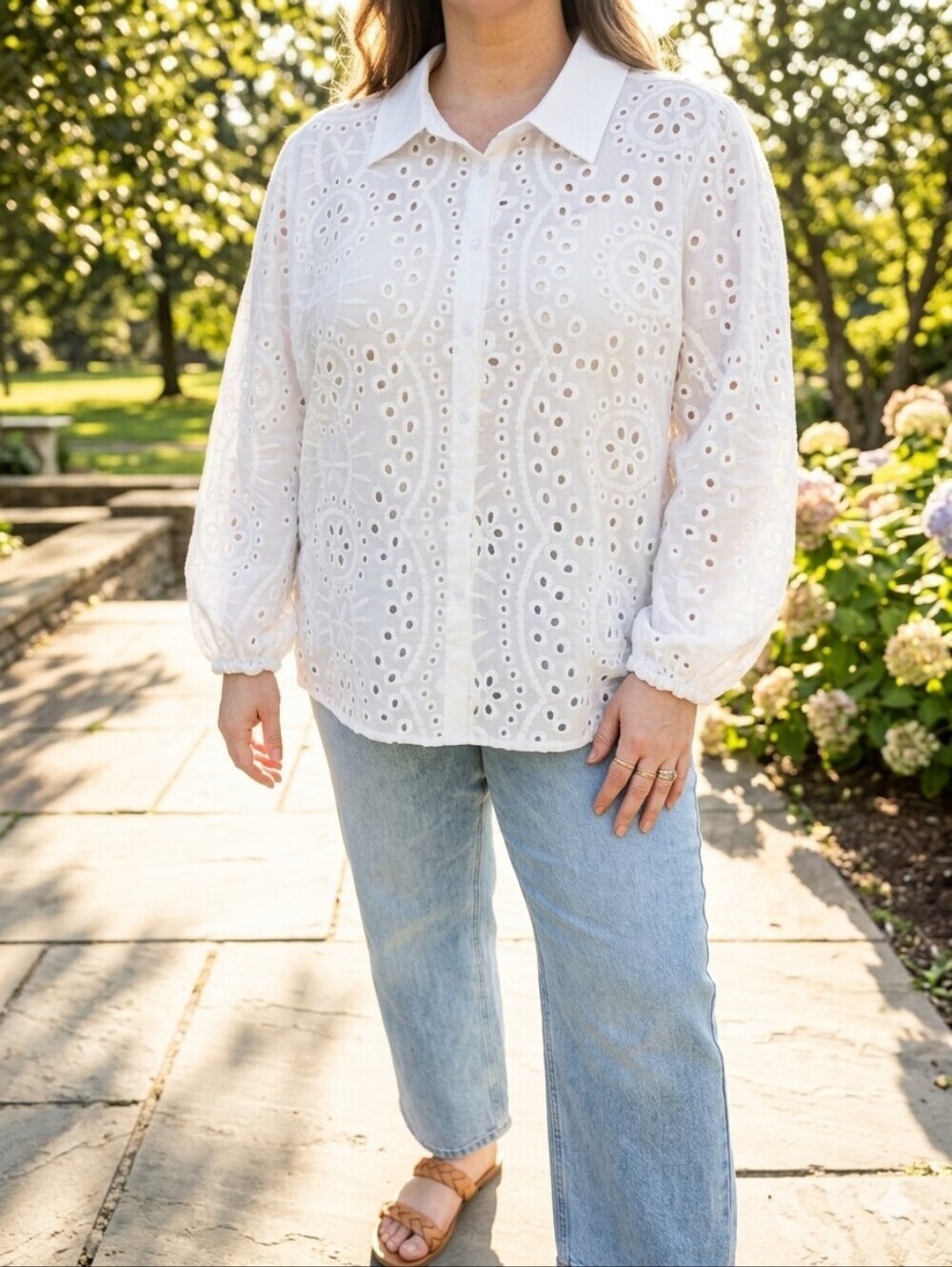 Ultra Pink White Eyelet Lace Blouse 2X Cotton Button Up Sheer Floral Embroidered